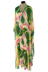 More Recent Unlabeled Vintage Flowing Silk Chiffon Jumpsuit in Pinks & Greens