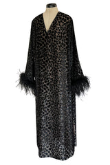 Gorgeous 1990s Valentino Intimo Black Metallic Voided Velvet Feather Cuff Caftan Dress