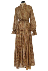 Fall 1977 Oscar De La Renta Feather Light Metallic Chiffon Dress & Extra Long Sash