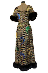 Late 1960s Oscar De La Renta Gold Sequin & Huge Paillettes Detailed Dress w Mink Cuffs