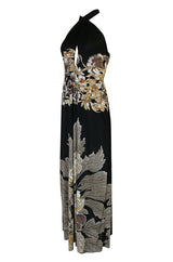 c.1976 Mac Tac Halter Tie Floral Printed Nylon Jersey Dress