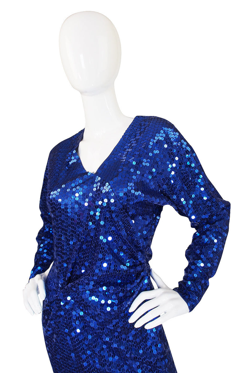 1980s Oleg Cassini Blue Sequin Dress
