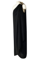 1981 Bill Tice Black One Shoulder Jersey Dress w Gold Lame Flower Detailing