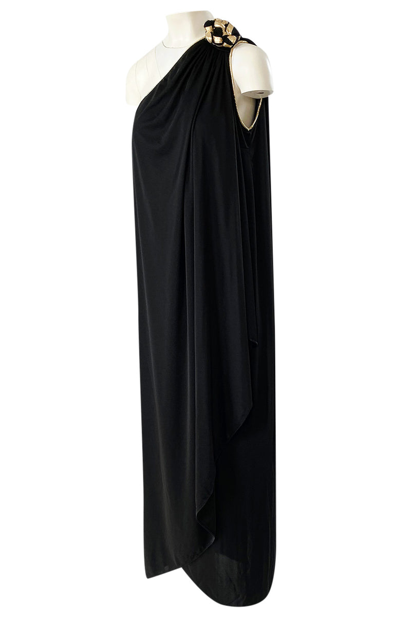 1981 Bill Tice Black One Shoulder Jersey Dress w Gold Lame Flower Detailing