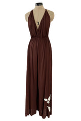 Gorgeous 1980s Genny Brown Jersey Backless Jumpsuit w Wide Legs & Floral Applique