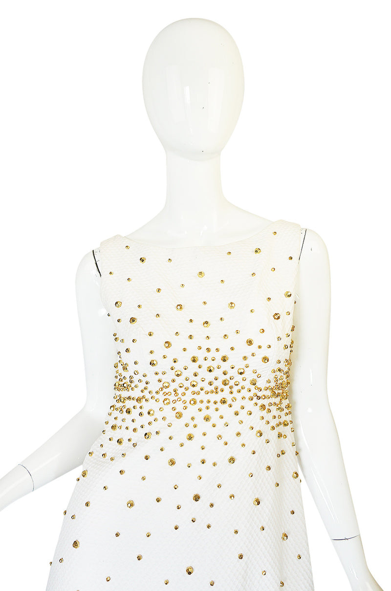 1960s Gold Studded White Cotton Waffle Weave Pique Dress