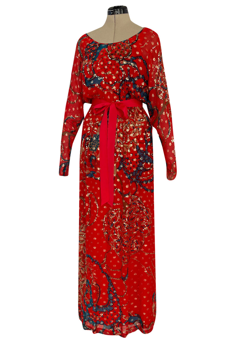 1970s Malcolm Starr by Youssef Rizkallah Sequinned Metallic Gold Lurex & Printed Red Silk Maxi Dress