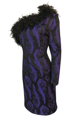 c.1988 Patrick Kelly Purple Brocade One Shoulder Feather Trim Dress