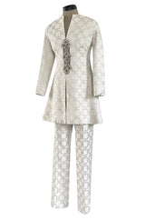 Fabulous 1960s Silver & White Brocade Tunic & Pant Set w Beaded Front Cut Out