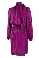 Chic Fall 1994 Yves Saint Laurent Haute Couture Silk Fuschia Dress w Fringed Scarf Detail