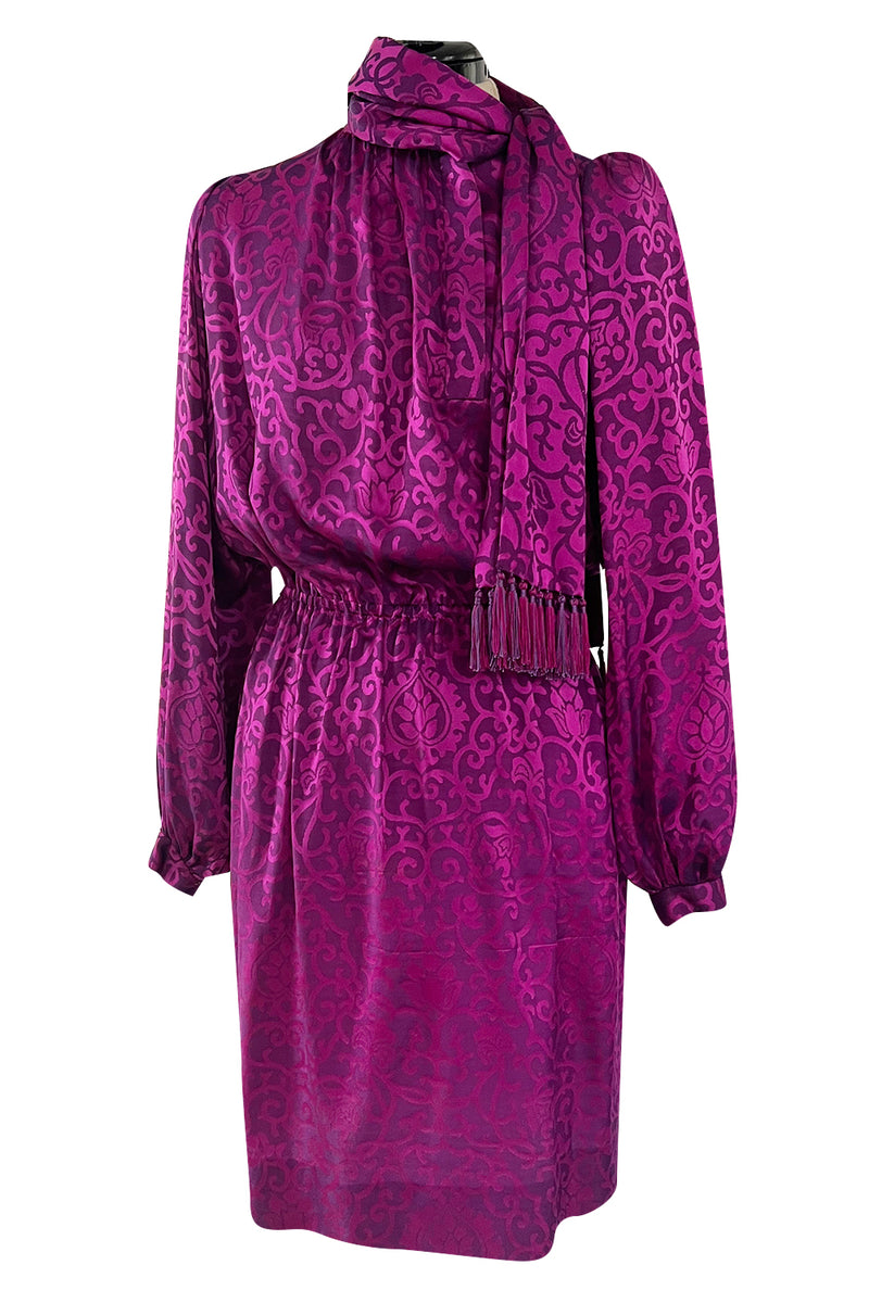 Chic Fall 1994 Yves Saint Laurent Haute Couture Silk Fuschia Dress w Fringed Scarf Detail