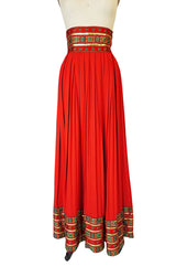1970s Red Lanvin Demi-Couture Pleat & Silk Brocade Skirt
