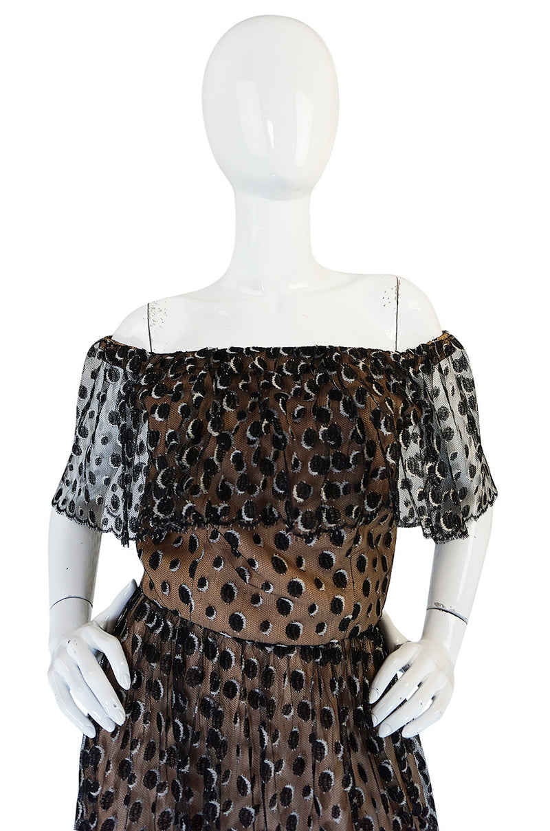 1970s Jean Louis Dotted Net & Silk Off Shoulder Dress