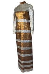 1970s Edward Parnes Striped Silver & Copper Densely Sequin Dress