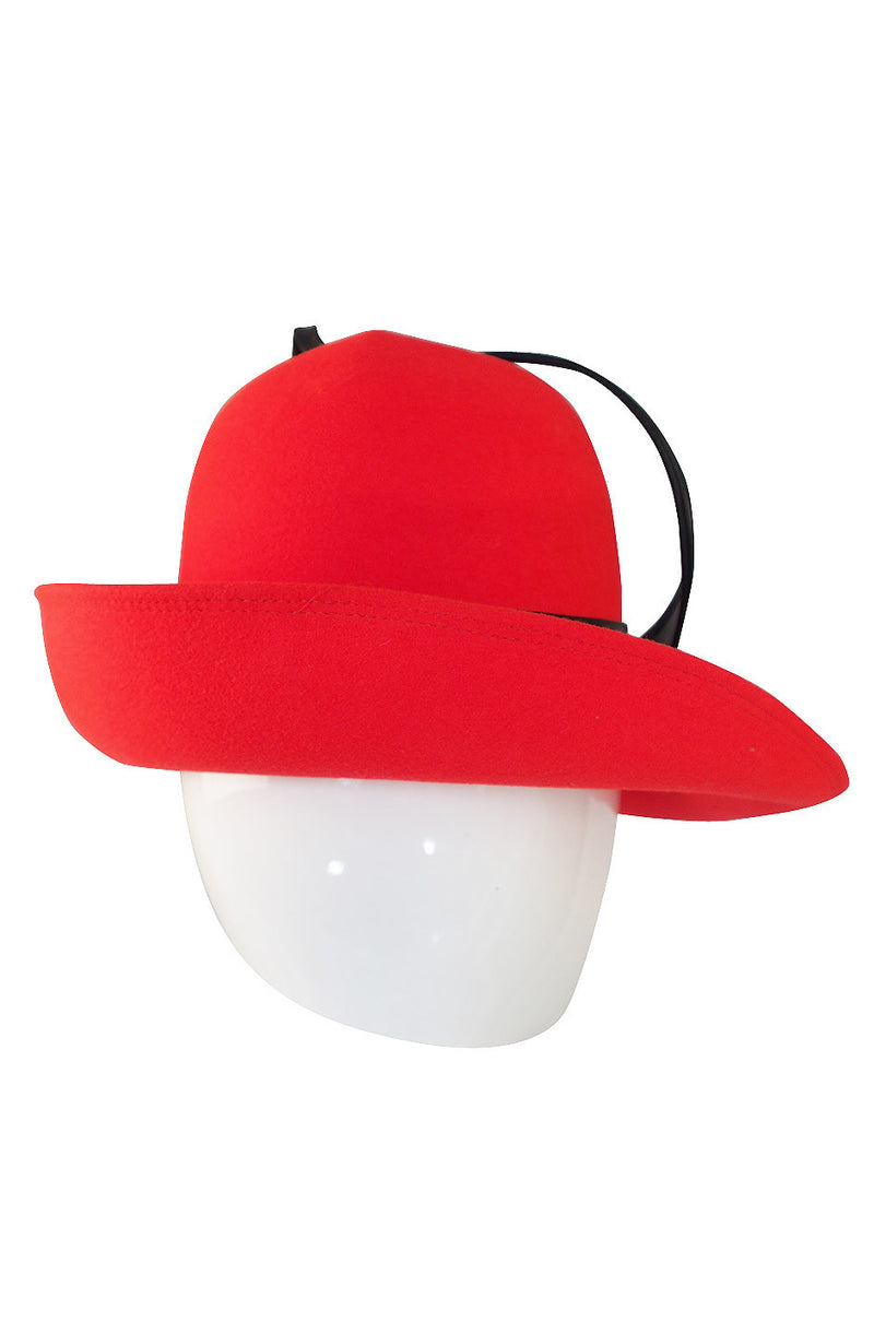 1960s Red Mr John Fedora Hat with Leather Feather Detail