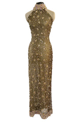 Incredible 1990s John Anthony Couture Gold Lame Mesh Beaded Dress w Beaded Choker