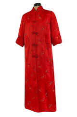 Gorgeous 1950s Red Silk Embroidered Asian Evening Coat w Top Stitched Cuffs & Collar
