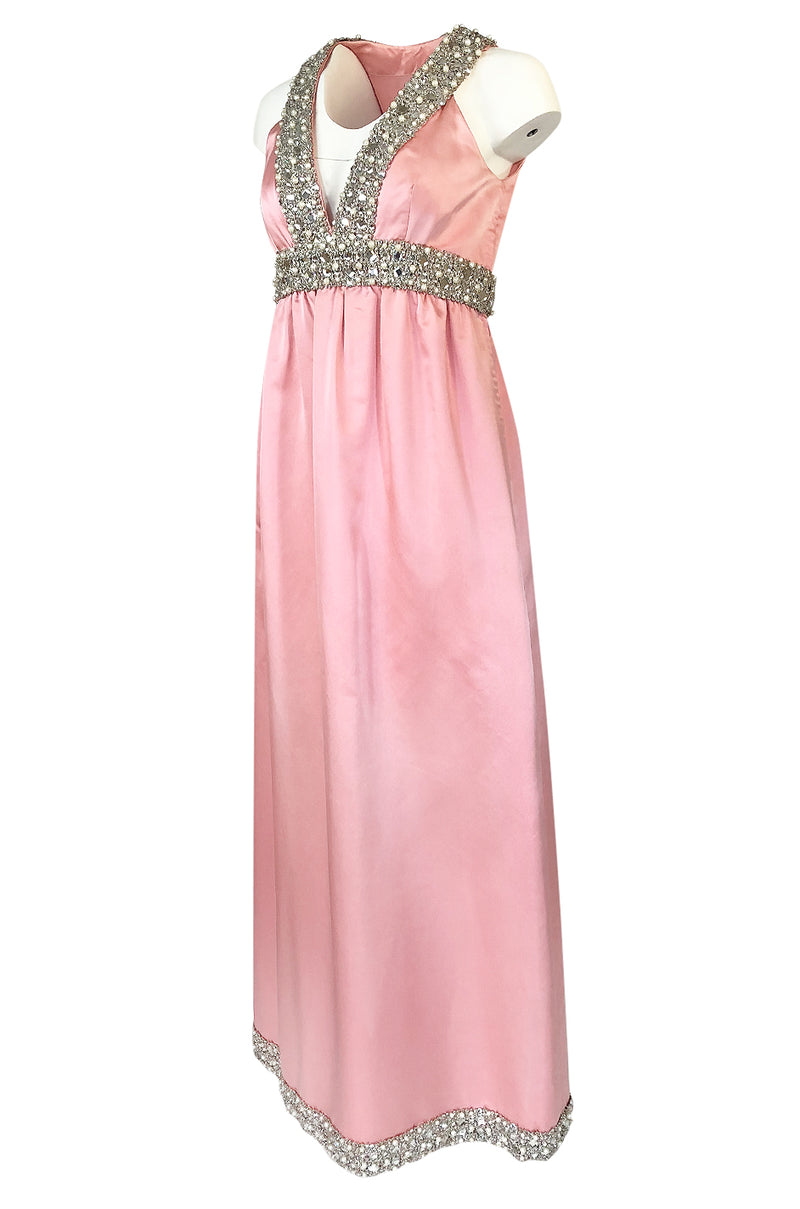 c.1966 Oscar De La Renta Pink Silk Satin & Silver Embellished Dress