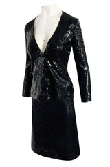 1973 Halston Couture Glossy Black Hand Applied Sequin Skirt & Jacket Evening Suit