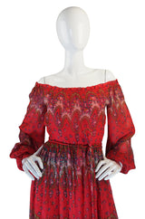 1970s Off Shoulder Silk Print Mollie Parnis Dress