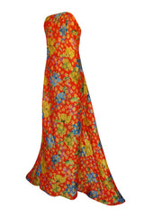 c.1998 Sully Bonnelly Red & Gold Floral Strapless Trained Dress