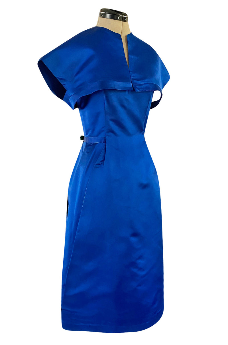 1950s Brilliant Blue Silk Satin Dress w Wrap Detailing & Matching Crop Shrimpton Couture 1950s Brilliant Blue Silk Satin Dress w Wrap Detailing & Matching Crop Shrimpton Couture