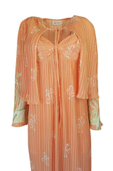 1970s Bill Tice Peach Print Halter Dress & Jacket Pleat Set