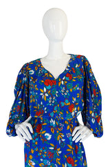 1980s Yves Saint Laurent Bright Floral Print Blue Silk Dress