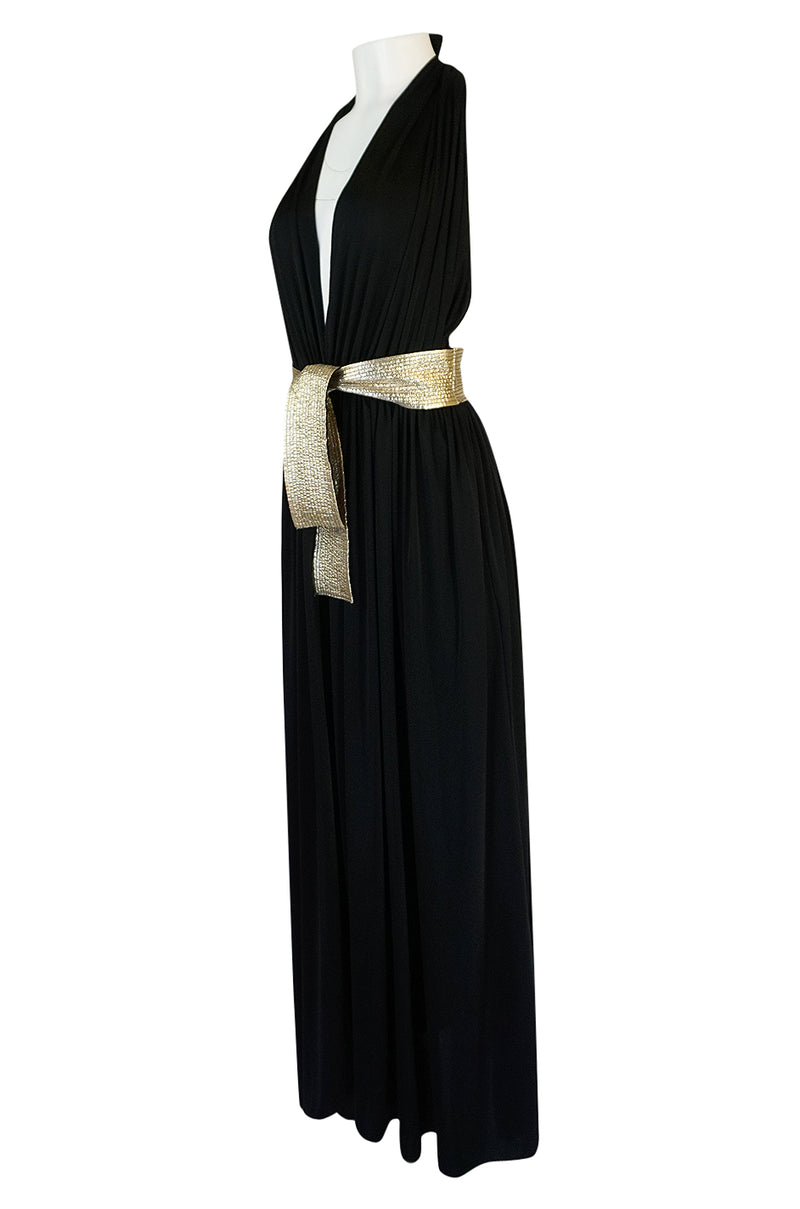 Documented 1980 Bill Tice Plunge Black & Gold Backless Halter Dress