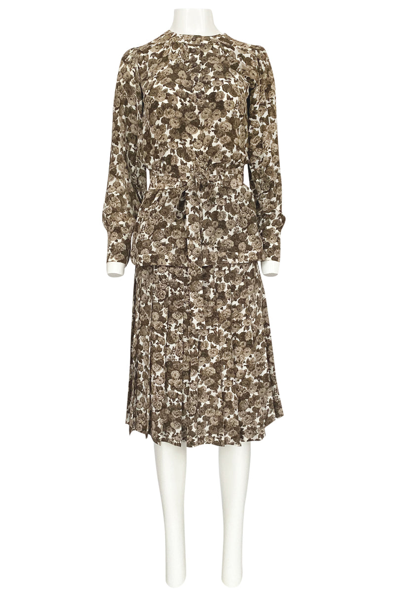 1970s Yves Saint Laurent Soft Brown Floral Print Silk Dress Top & Skirt Set