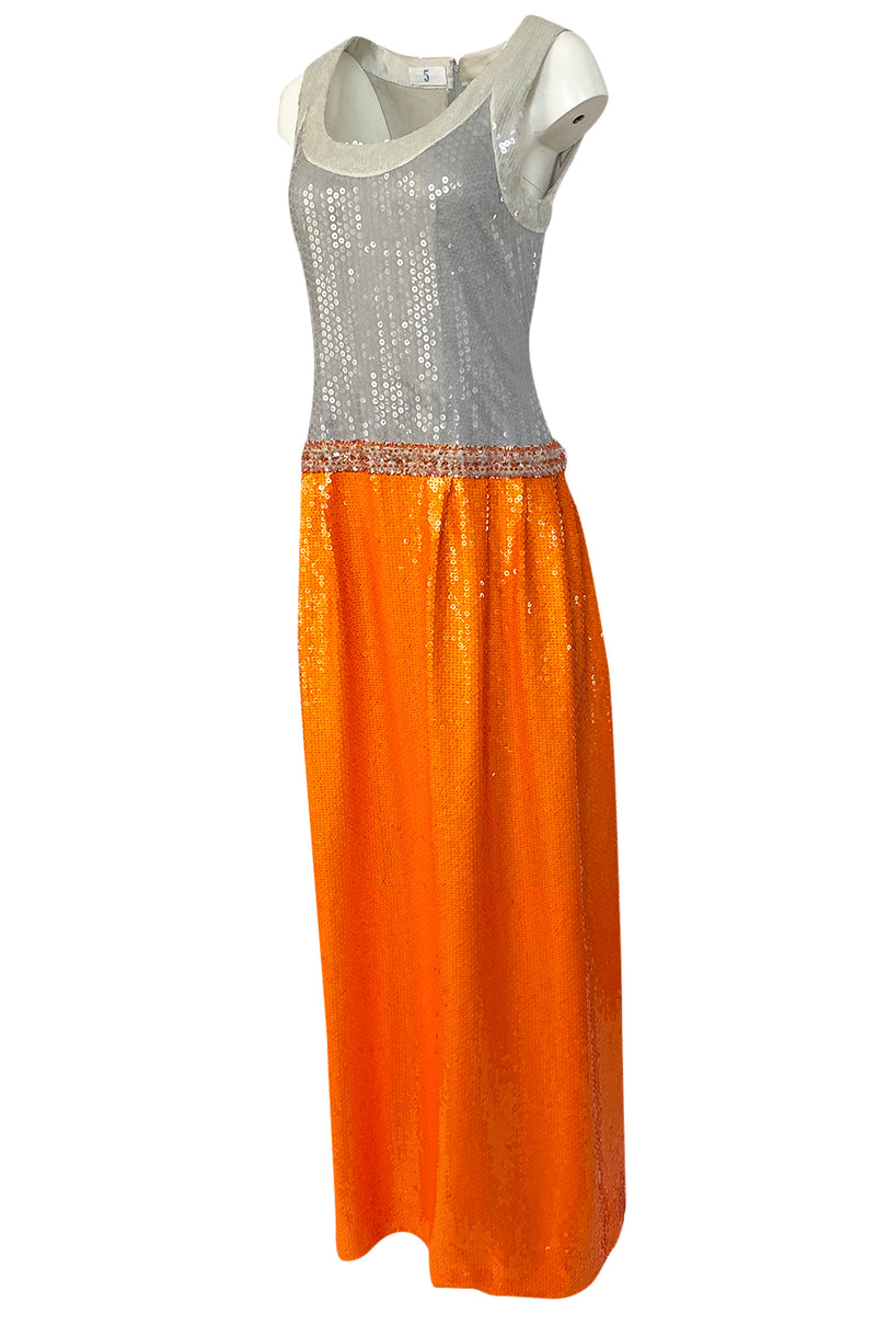 Early 1980s Andre Laug Alta Moda Numbered Couture Grey & Orange Sequin Dress