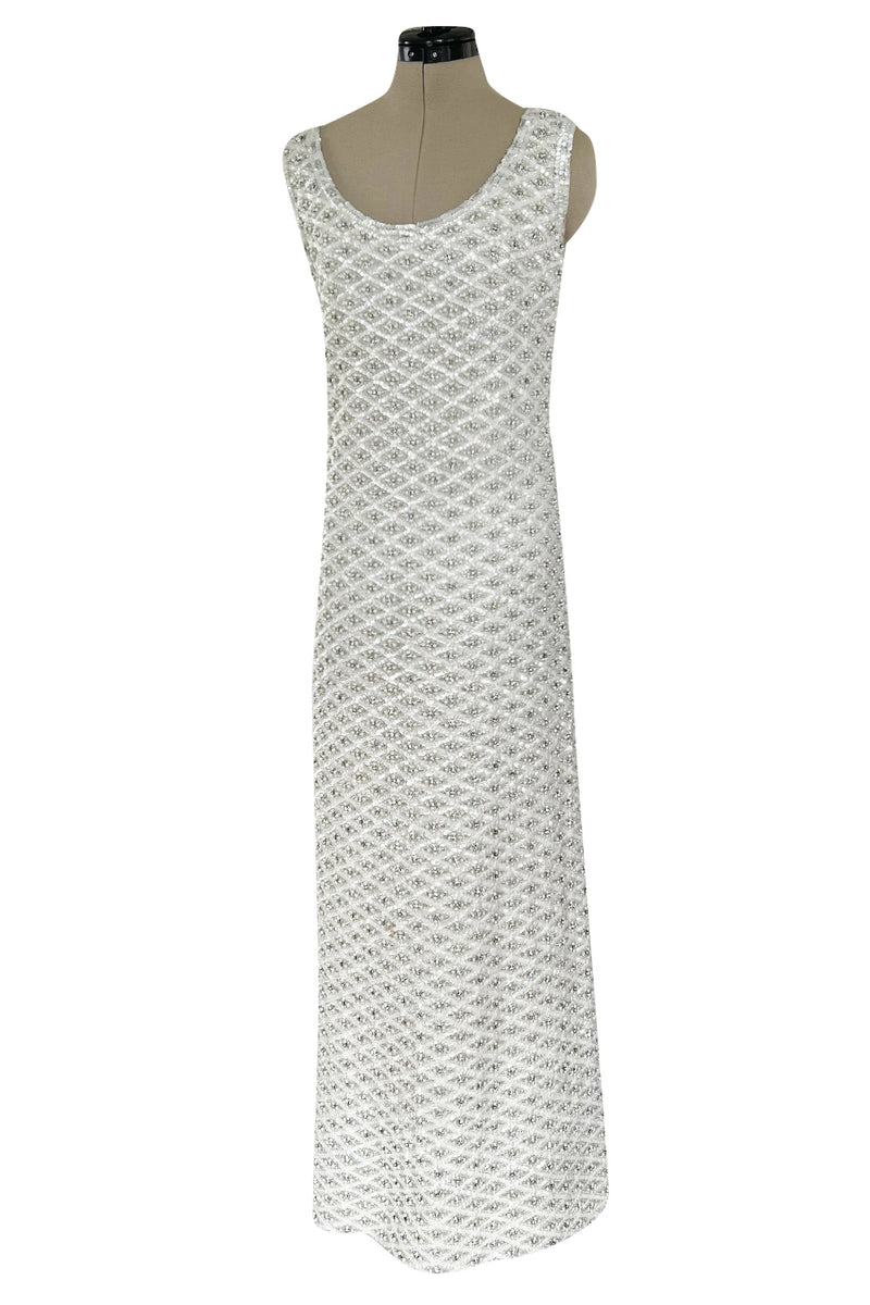 Fabulous 1960s Madeleine de Rauch Haute Couture Pearl White Sequin & Rhinestone Dress