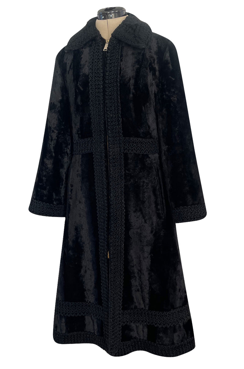 Fabulous 1960s Zip Front Flat Pile Faux Fur Black Coat w Wide Braided Edging Details