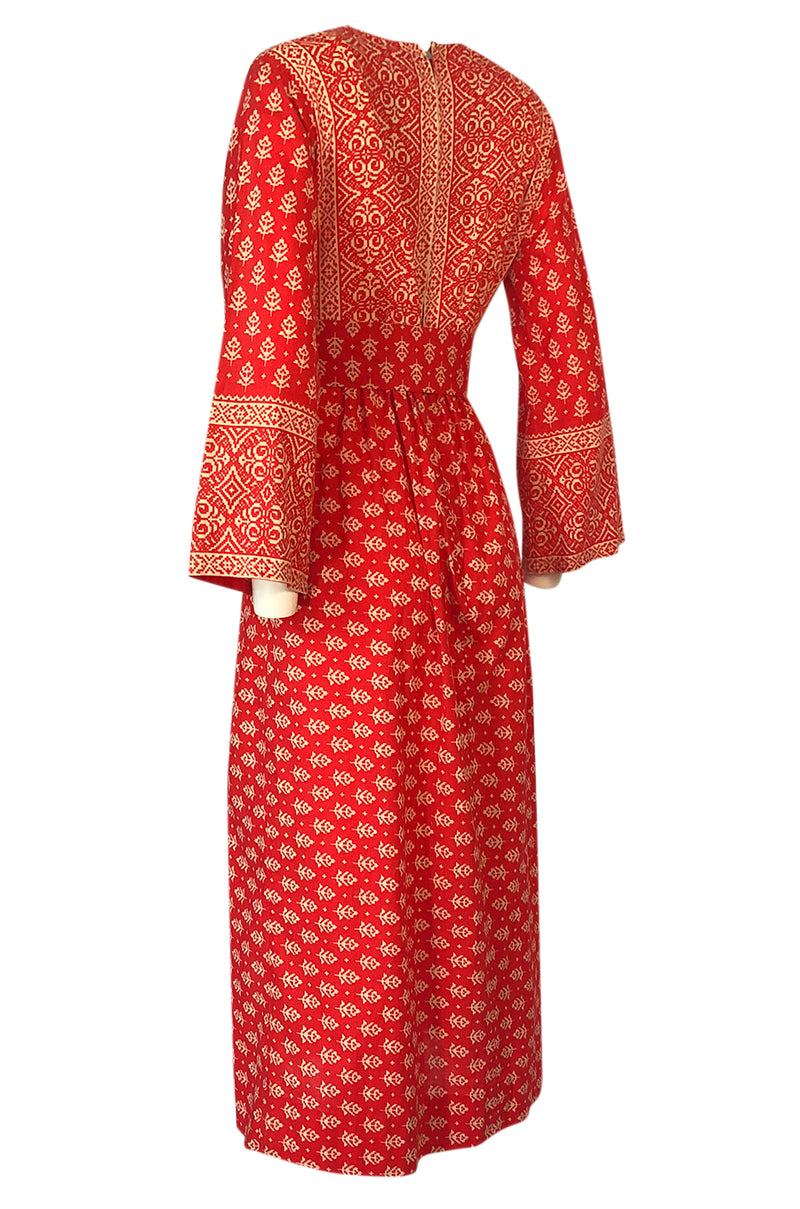 Lovely 1960s Red & White Print Indian Cotton Caftan Dress