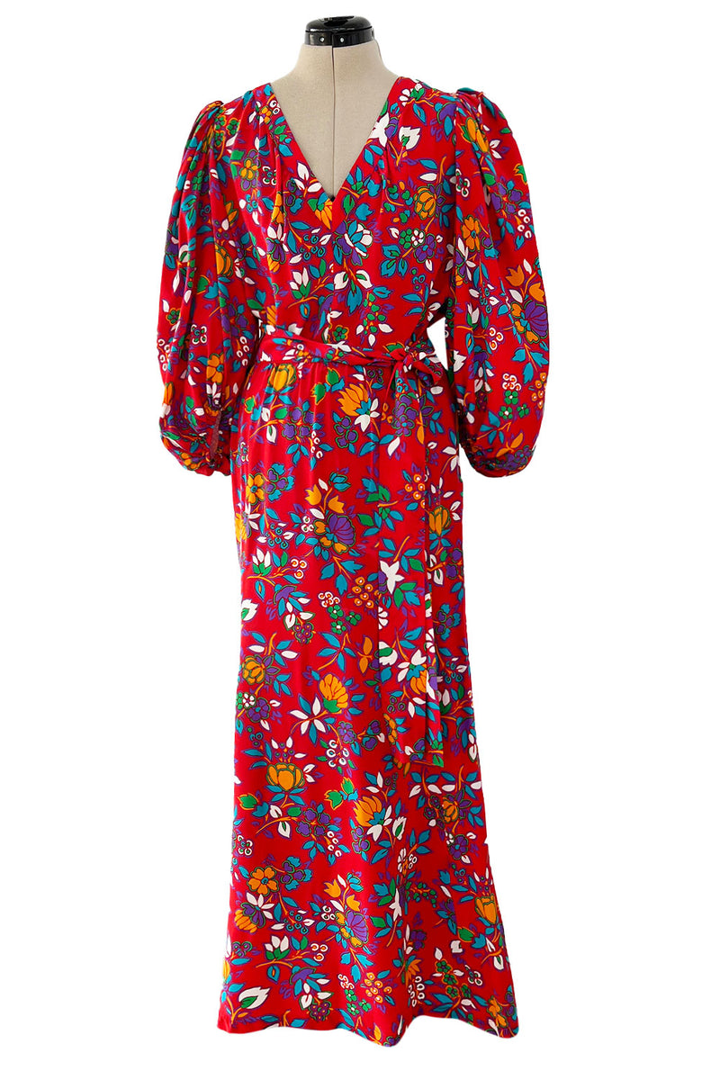 Prettiest Spring 1983 Yves Saint Laurent Runway Printed Floral Red Silk Dress w Tie Belt