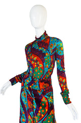 1970s Brilliant Print Velvet Skirt & Silk Turtleneck Set