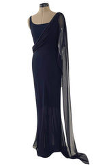 Fabulous 2002 Chanel Cruise Collection Stretch Jersey & Draped Silk Chiffon Midnight Blue Dress