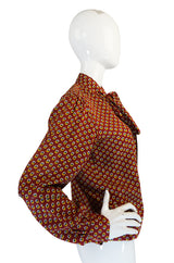 1970s Yves Saint Laurent Pretty Floral Silk Tie Neck Top