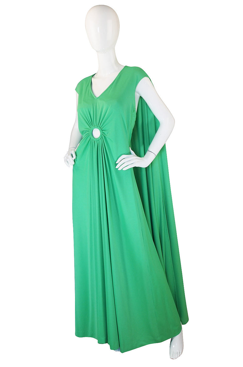 1970s Green Caped Jersey Maxi with Cut Out