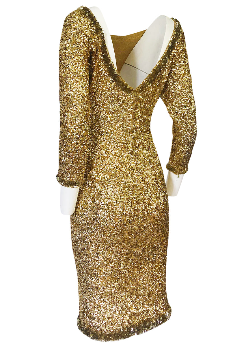 1960s Gene Shelly Gold Sequin w Paillette Detailing Stretch Knit Dress