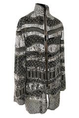 Sparkly Spring 1981 Halston Silver Sequin & Beaded Black Silk Chiffon Jacket