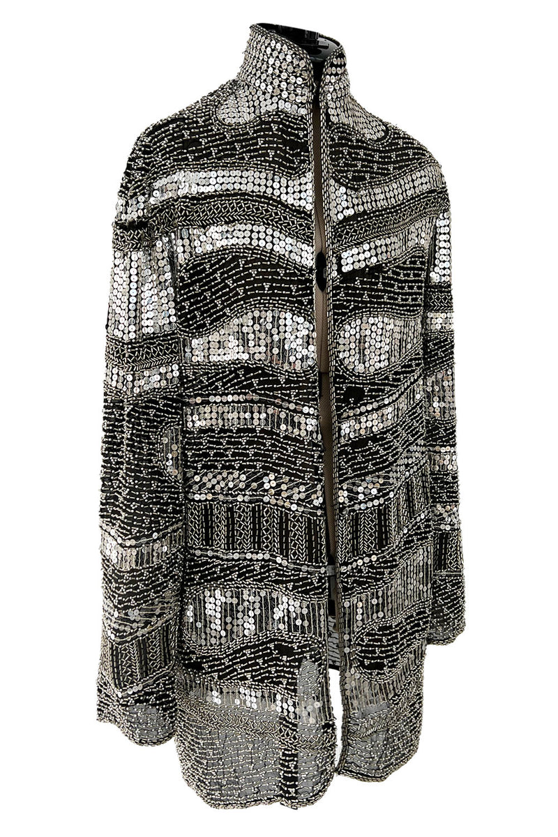 Sparkly Spring 1981 Halston Silver Sequin & Beaded Black Silk Chiffon Jacket