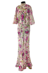 Spectacular 1930s Pink Tulip Printed Bias Cut Silk Chiffon Floral Print Dress w Caped Back