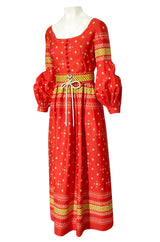 Spring 1971 Oscar de la Renta Red Printed Dress w Pouf Sleeves & Original Belt