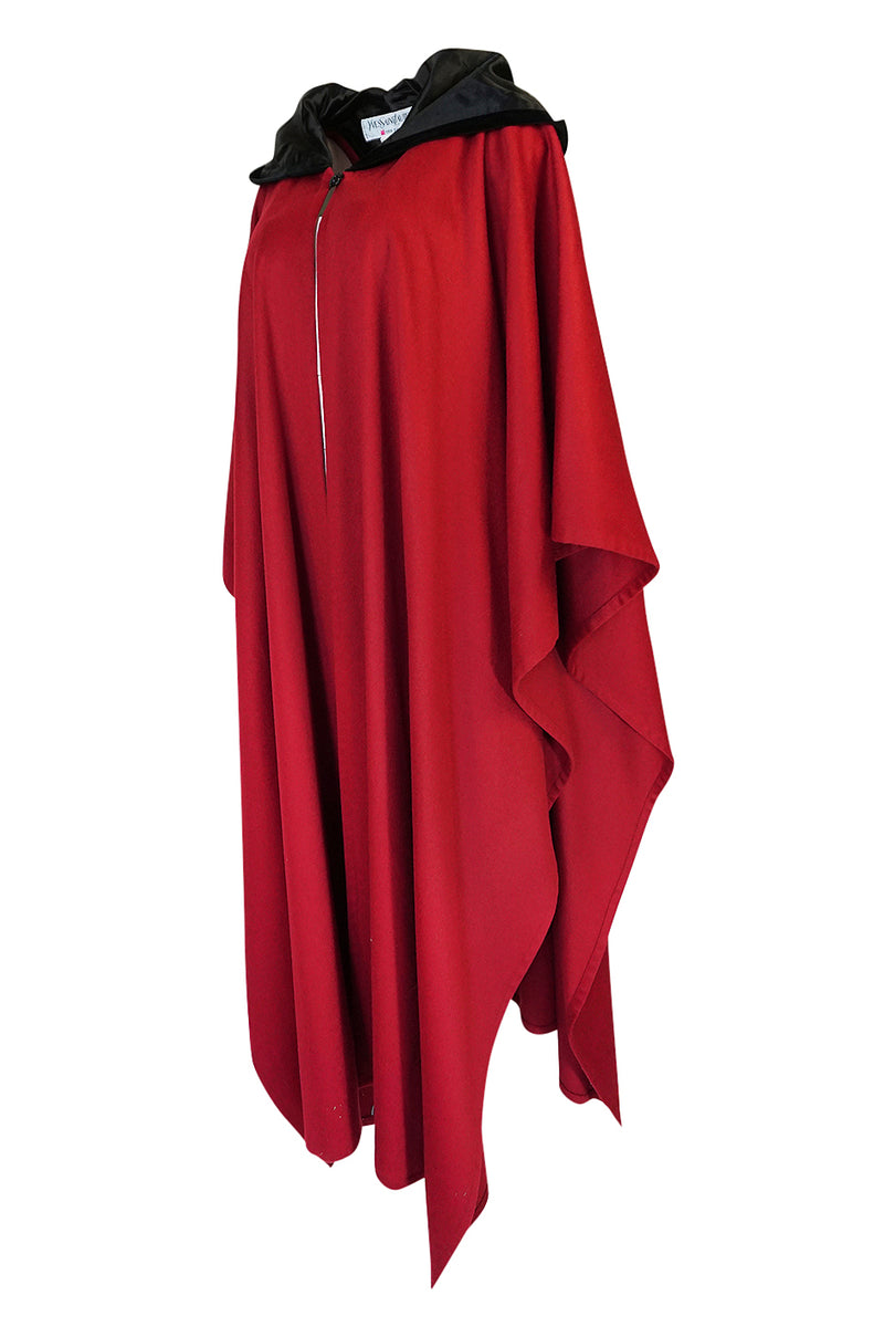 1970s-1980s Yves Saint Laurent Red Wool Cape w Black Velvet Hood
