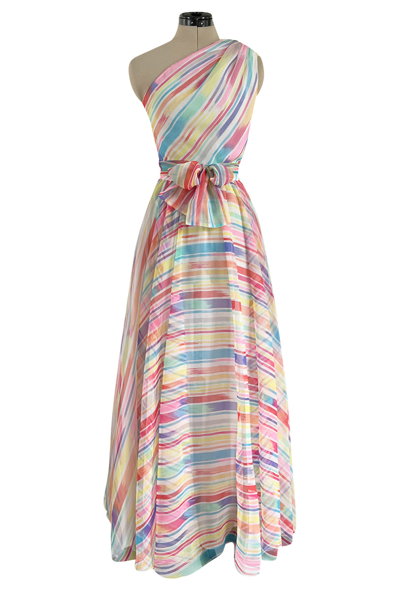 Spectacular 1970s Oscar de la Renta One Shoulder Lightweight Chiffon Rainbow Stripe Dress