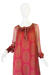 1970s Jeweled Hued Printed Silk Treacy Lowe Caftan Dress