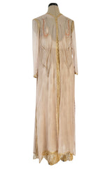 Prettiest 1977 Bill Gibb Couture Embroidered Gold Thread Net Dress w Long Jacket