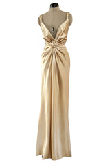 Iconic Fall 1980 John Anthony Couture Plunge Front Gold Silk Charmeuse Halter Dress w Bare Back