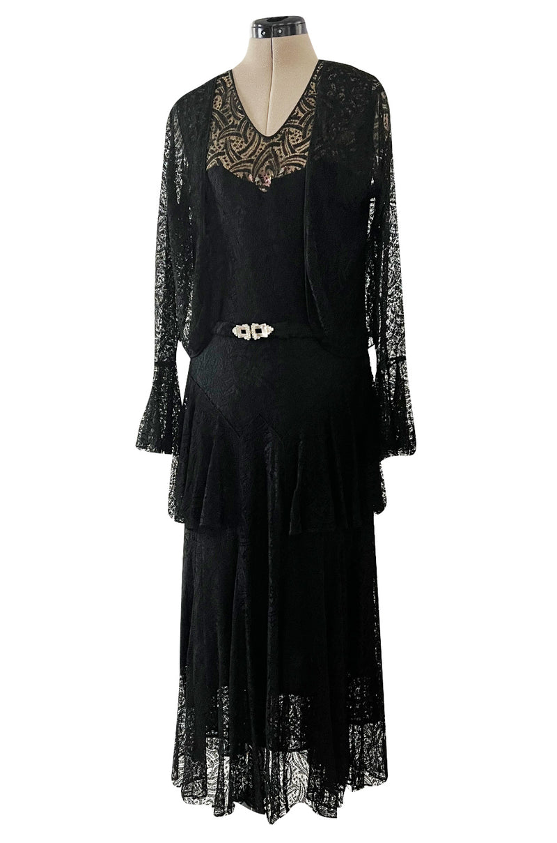 Light as Air Late 1920s Unlabeled Fine Black Lace Dress w Matching Jacket & Rhinestone BuckleBelt